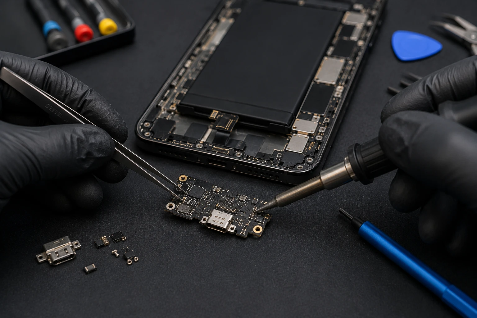 Técnico reparando smartphone